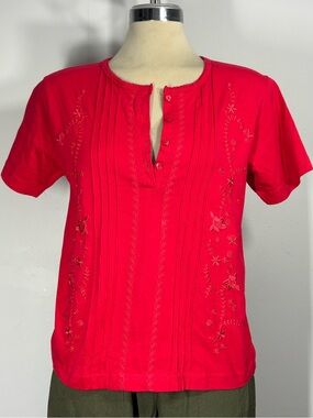 Women’s Red Embroidered Short-Sleeve Button Placket Top